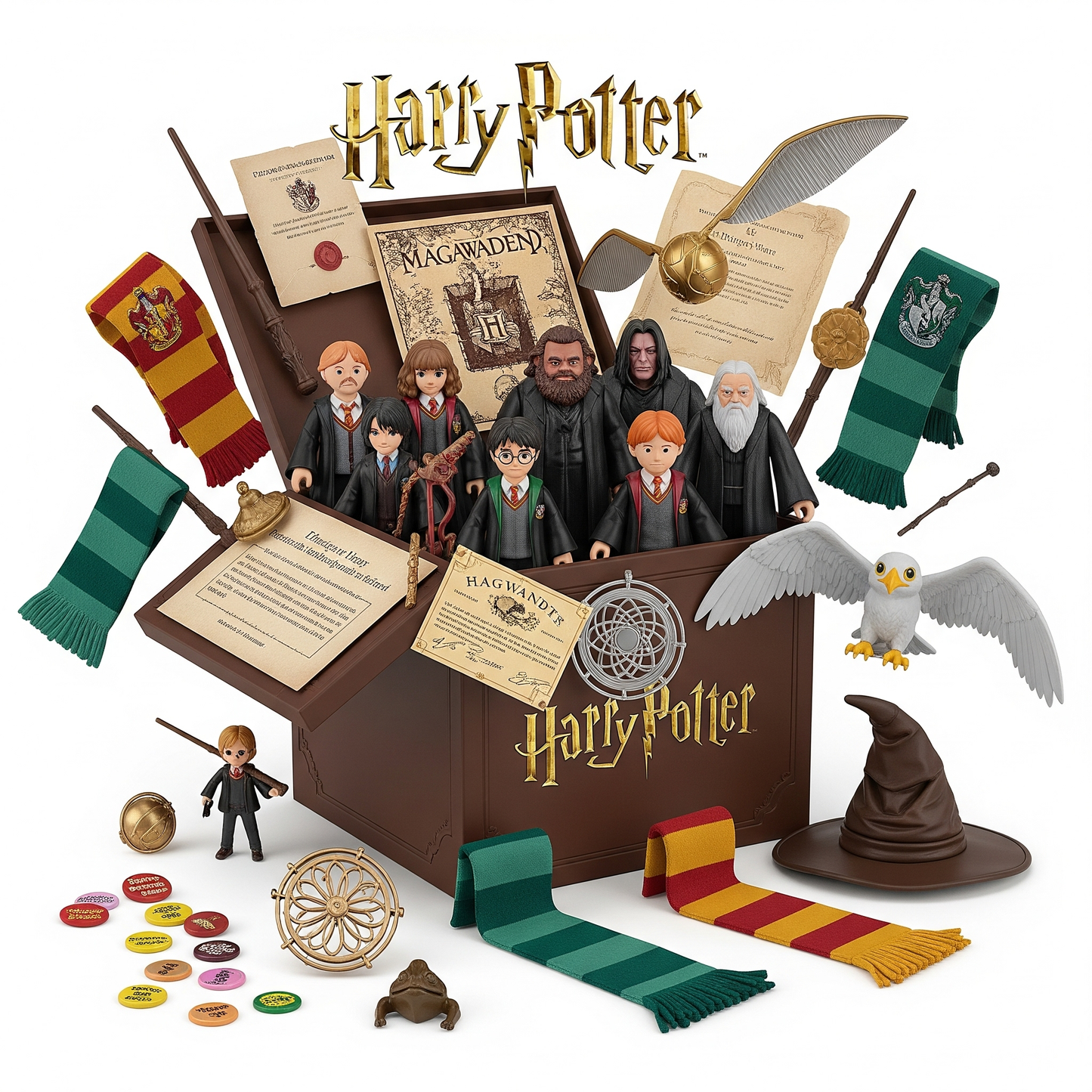 Harry Potter toy set with figures, wands, and props in a box