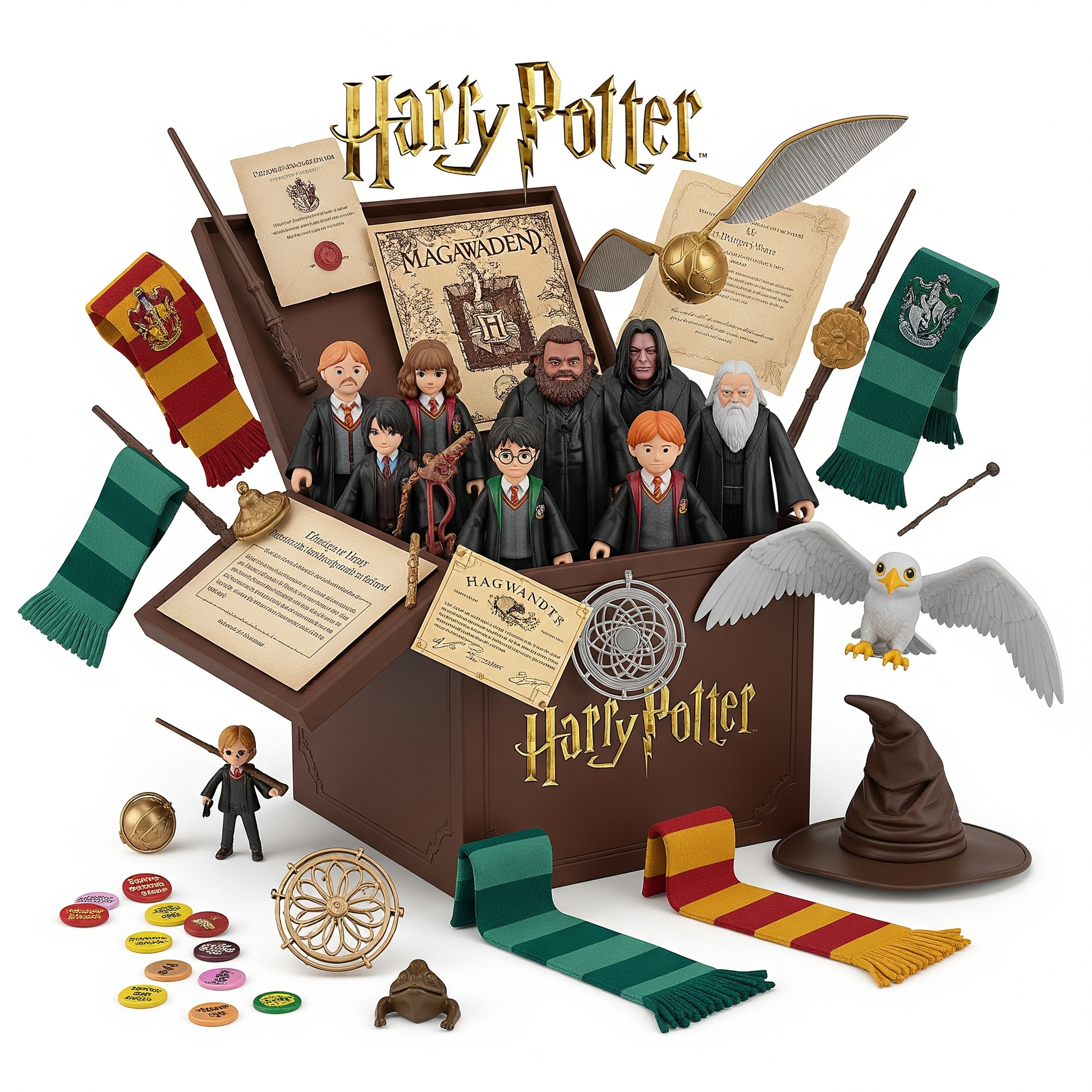 Harry Potter toy set with figures, wands, and props in a box